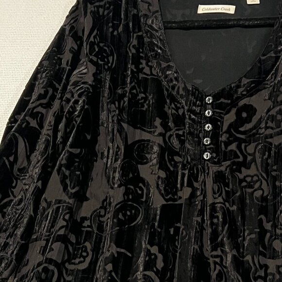 Black Burnout Velvet Peasant Top Floral Semi Sheer Fairy Whimsey Goth Size L - Picture 2 of 11